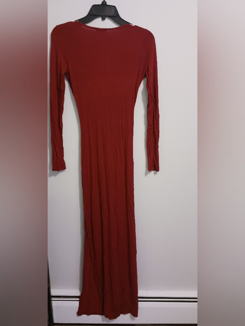 Venus Burgundy Red Long Sleeve Plunge Faux Wrap Side Slit Maxi Dress XS - Picture 2 of 6